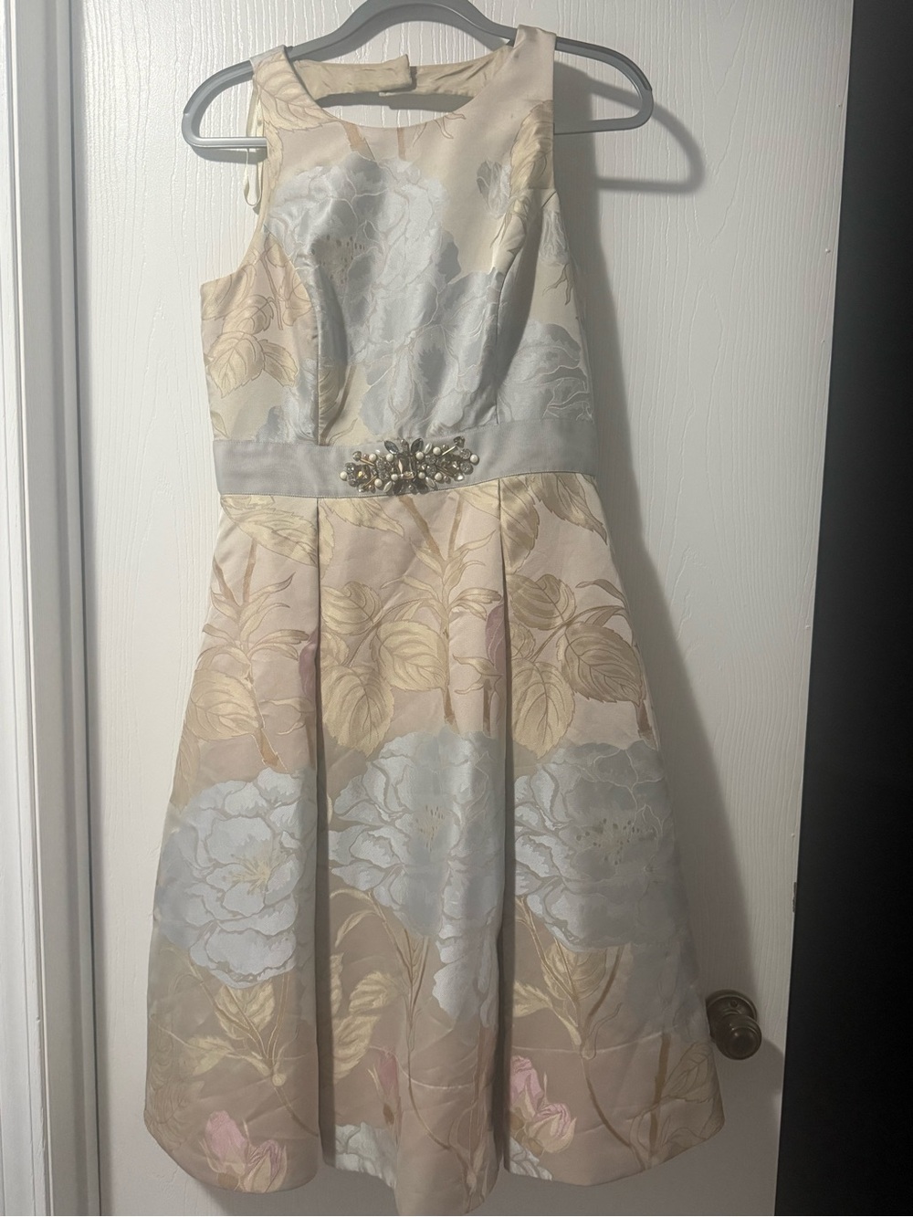 Eliza J Cream and Light Blue Floral Fit-and-Flare Dress with Pearl Brooch